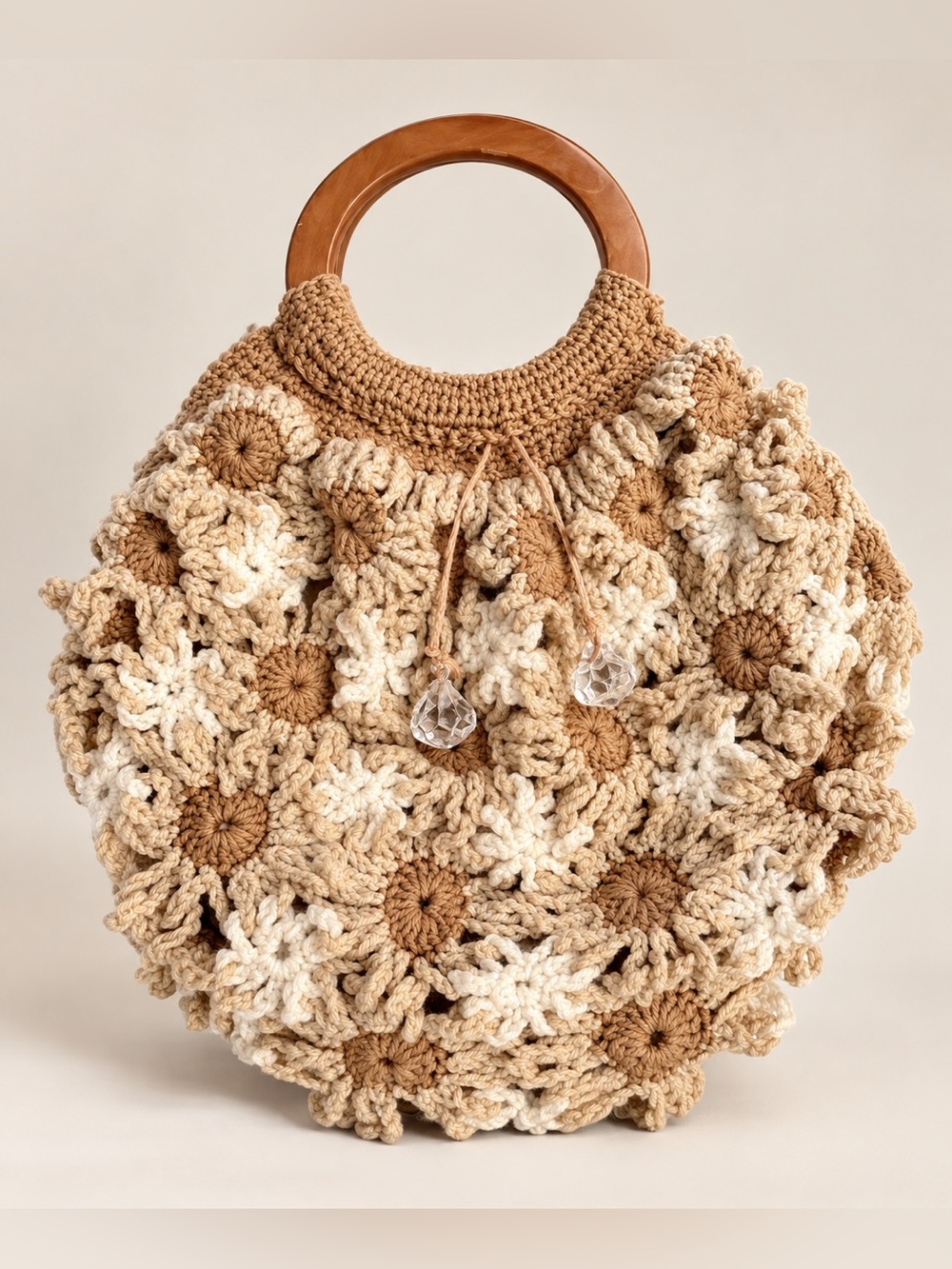 Vintage Handmade Floral Crochet Granny Style Bag, tan /cream wooden handles